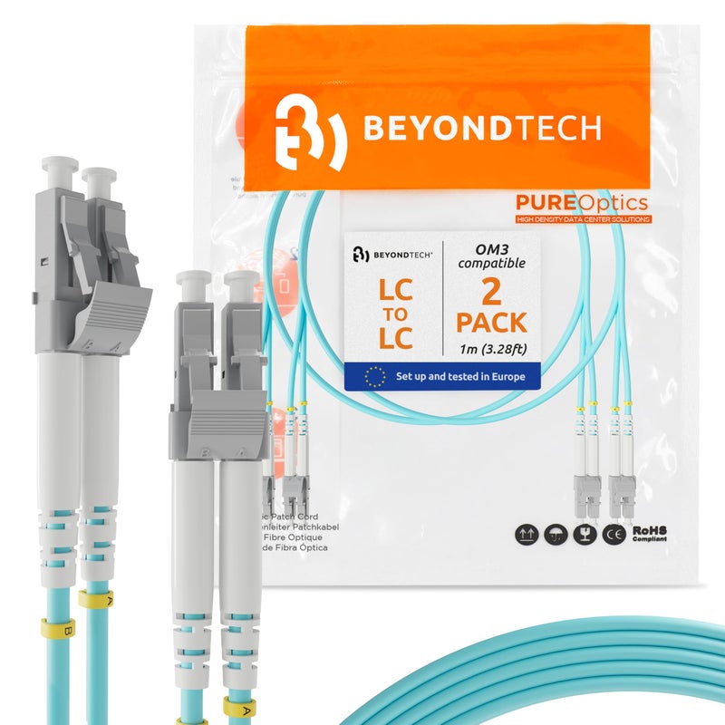 BEYONDTECH 1m (3.28ft) LC to LC Fiber Patch Cable â€“ (2-Pack) UPC Multimode Duplex Fiber Optic Cable â€“ 50/125Âµm core, Compatible with OM3 â€“ 10G LSZH PUREOptics Series - Image 1